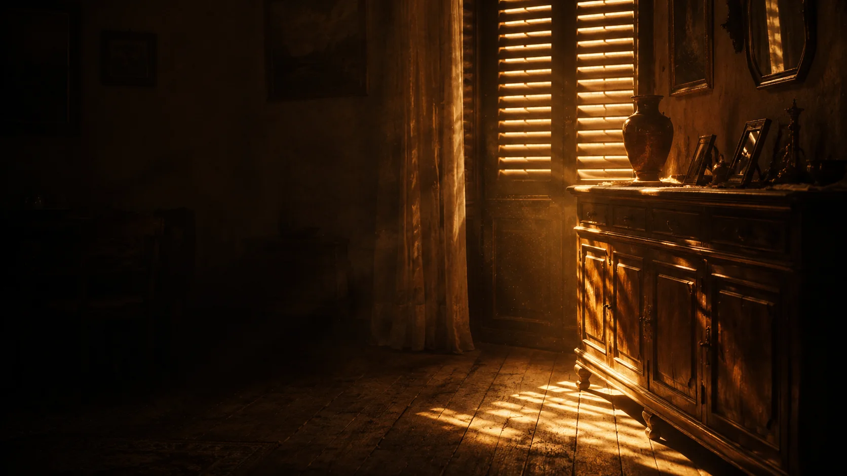 Interno di una vecchia casa nel primo pomeriggio, strisce di luce dorata tra le persiane